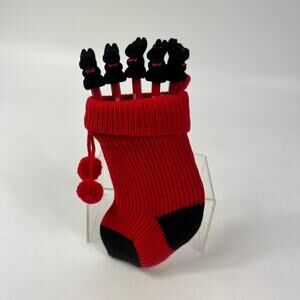 Vintage Dept 56 Scottie Dog Pencil Set With Red Knit Stocking Holder Taiwan 9"